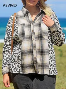 【Plus Size】 Leopard & Plaid Print Jacket, Casual Long Sleeve Button Front Outerwear for Spring & Fall, Women's Clothes for Daily Wear