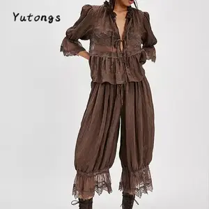 Women Long Pants Sets Lace Trim Victorian Pantaloons Capri Pants Lounge Pjs Pettipants Y2K Pajama Sets