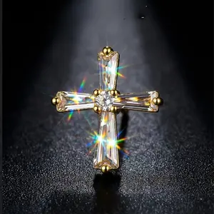 Gold Cross Earrings with Baguette Zircon - Copper + S925 Silver Needle, 15mm×12mm, 1.2g/0.04oz - Holiday Gift & Everyday Elegant Accessory