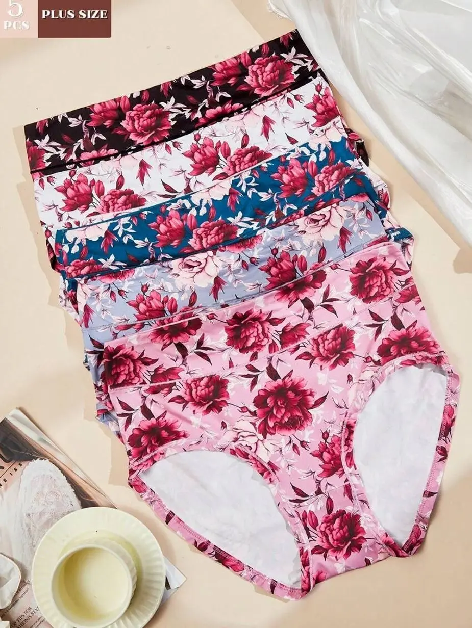 Plus Size Printed Briefs, 5-Pack Soft Breathable Full Coverage Underwear, Elegant Fit for All Seasons