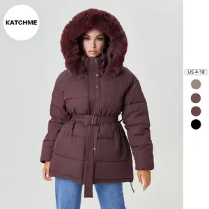 KatchMe Women's Cozy Fluffy Hooded Zip-Up Belt Decor Cotton Coat, Classy Solid Color Mid-Length Outfit, Fall & Winter Outerwear Jacket (US)