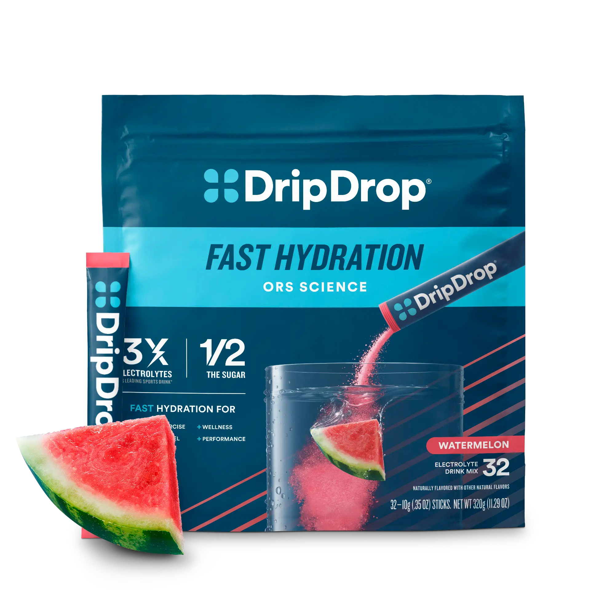 DripDrop Watermelon Electrolyte Powder, 8 oz sticks, 32 count