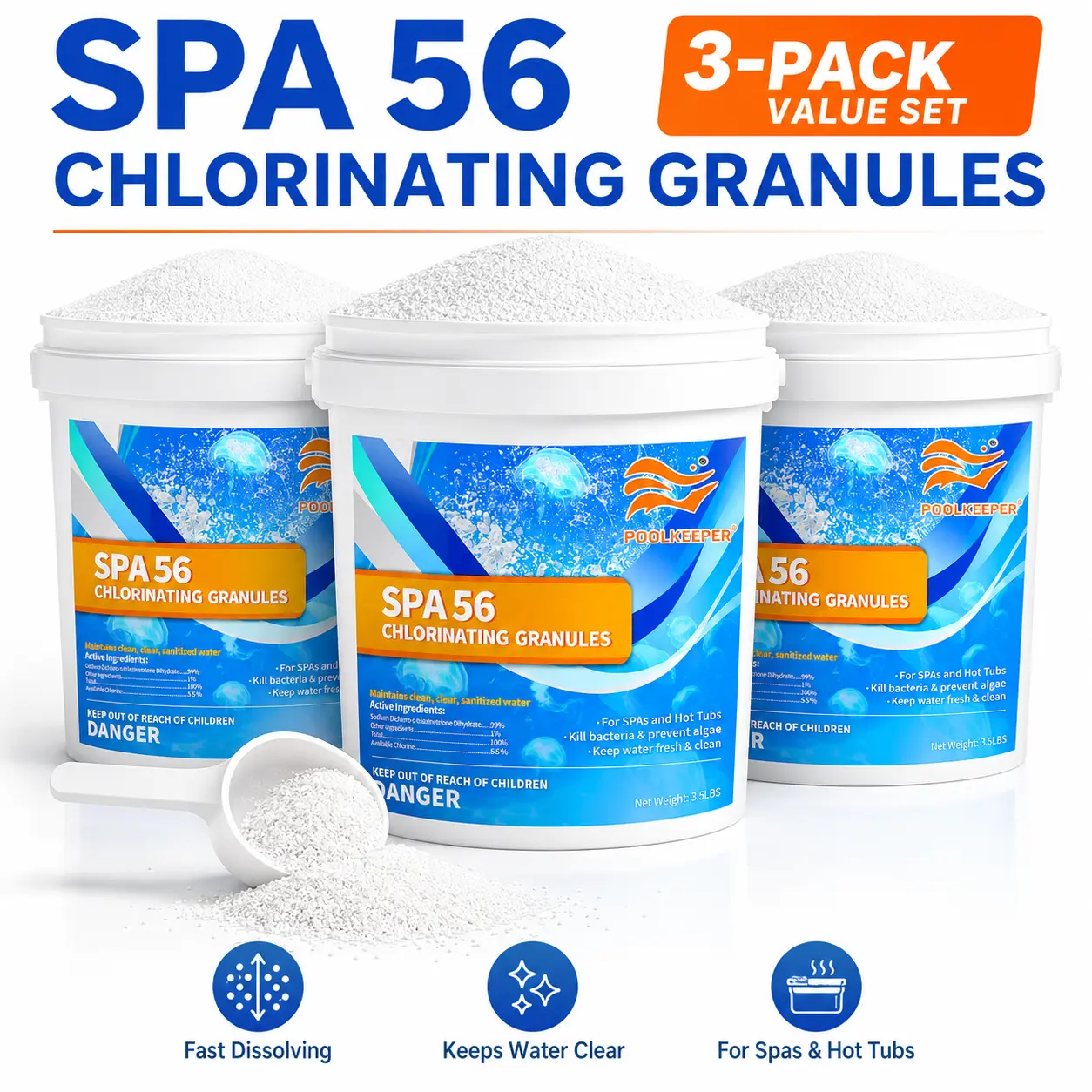 SPA 56 Water Care Granules 3-Pack Value Set - Total 10.5 LBS Fast Dissolving Hot Tub Shock Treatment, Keeps Spa Water Crystal Clear with Measuring Scoop