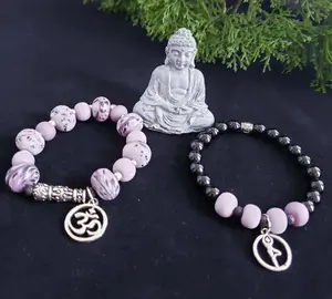 Meditation Bracelet with Om Symbol & Yoga Charm for Spiritual Healing and Calmness 8 & 6mm Beads Size 7 Lava Stone Diffuser Set of 2