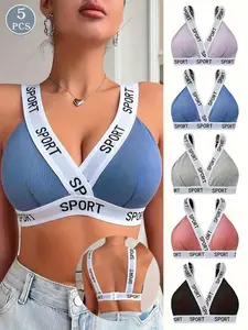 5 pieces of women's casual sports bras, made of breathable knitted fabric, comfortable design, with letter patterns, wireless and unpadded, Colorblock Sports Bra, Workout Bra, Yoga Bra