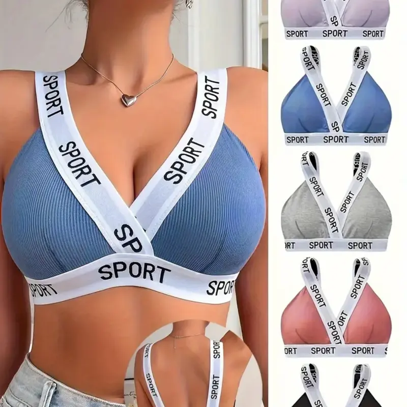 5-Pack Women's Casual Sports Bras, Sports Bralette, Breathable Ribbed Knit, Letter-Pattern Straps, Wireless and Unpadded Colorblock Workout and Yoga Bras