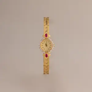 Art Deco Ruby Timepiece by Caitlyn Minimalist - Dainty Diamond & Ruby Gemstone Watch in 18K Gold Finish - Vintage Jewelry for Women - Sister Gift