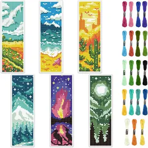 Landscape Pattern Cross Stitch Bookmark Kit, 6 Counts/set DIY Cross Stitch Bookmark Kit with Random Color Tools, DIY Handmade Cross Stitch Supplies for Beginners