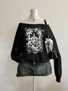 Women's Y2K Gothic Style Off-Shoulder Sweater, Butterfly Totem Graphic Letter Print Loose-Fitting Casual Top, All Seasons Essential Apparel, Womenswear