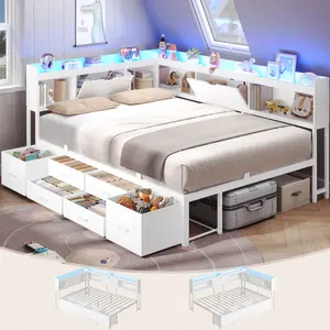 AOGLLATI Full Size Corner Bed Frame with 6 Storage Drawers and Bookcase Hidden Headboard, Full Bed Frame Metal Platform Daybed with Charging Station and LED Lights for Kids Teens