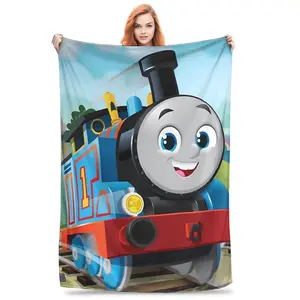 T-Thomas The Train Friends Flannel Blanket, Super Soft Cartoon Railway Throw Blanket for Airplane Travel, Cozy Plush Quilt