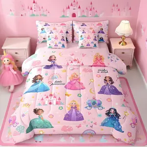 Feelyou 7-Piece Princess Motif Kid Bedding Set, Pink Castle Bed-in-a-Bag with Comforter, Bedding Sheets, Pillowcases, Breathable for Comfortable Sleep, Multi-Size Options, Girl Room Decor