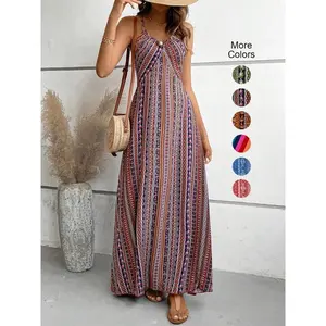 Women's Ethnic Pattern Long Dress, Classic Stripe Design, Backless Cross Strap, All Seasons Wearable, Can Be Paired with Outerwear