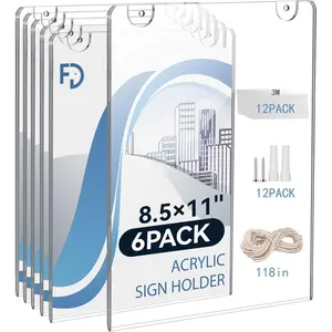 Sign Holder 8.5 x 11 Wall Mount, 6 Pack Clear  Wall Picture Frame with Double-Side Tape, Document Paper Poster Display for Office, Store, Restaurant (Adhesive Tape, Screws &  Rope Included)