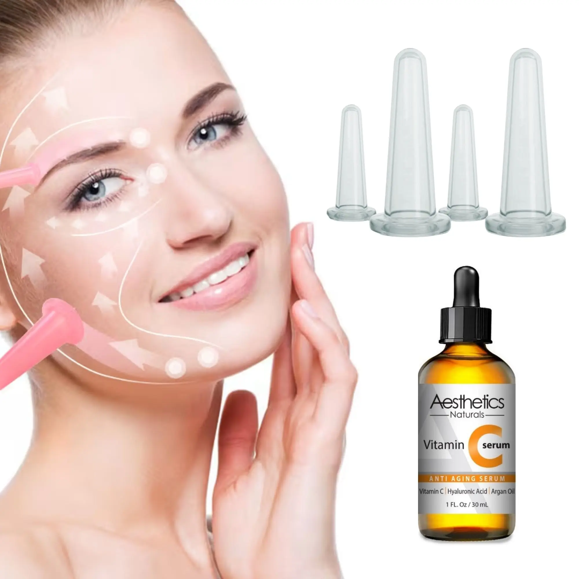 Facial Cupping Kit with Vitamin C Serum, 4-Piece Medical-Grade Silicone Set for Facial Rejuvenation, Face Debloat, Lifting & Toning, Anti-Ageing Tool for Daily Routine, Soothing, Smooth, Multi-Pack, 30Ml, Four Pieces
