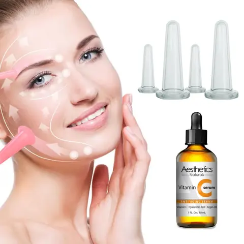 Aesthetics Naturals 4-Piece Gentle Pull-Free Silicone Facial Cupping Kit - Adjustable Lightweight Cups, 30ml Anti-Aging Vitamin C Serum, Moisturizing Squeeze Tools, Rejuvenation, All Skin Types, At-Home Facial Spa