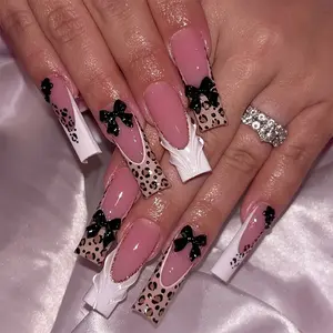 Sweet Cool Leopard Print Press-On Nails, Detachable Bow Design, Perfect for Parties, Music Festivals, Dates, Shopping