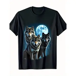 Men'S & Women'S Wolf Pack Howling at Full Moon T-Shirt - Black Wolf Graphic Tee with 3 Wolves Design, Soft Breathable, Plus Size Big & Tall, Casual & for halloween Costume Shirt for Wolf Lovers, Birthday/Christmas Gift for Men & Women - All-Season C