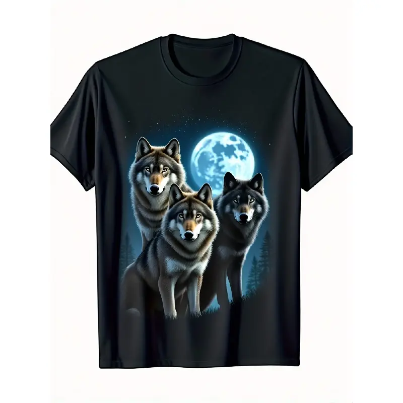 Men'S & Women'S Wolf Pack Howling at Full Moon T-Shirt - Black Wolf Graphic Tee with 3 Wolves Design, Soft Breathable, Plus Size Big & Tall, Casual & for halloween Costume Shirt for Wolf Lovers, Birthday/Christmas Gift for Men & Women - All-Season C