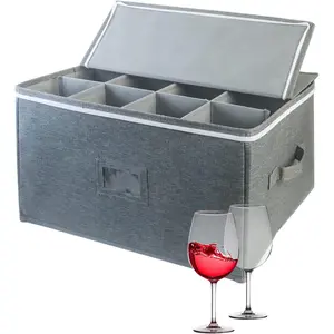 Wine Glass Storage Cases, Stemware Storage Chest Boxes with Dividers, Glassware Storage Containers Holds 12 Red or White Wine Glasses, Champagne Flutes, Crystal, Drinkware with Label Window