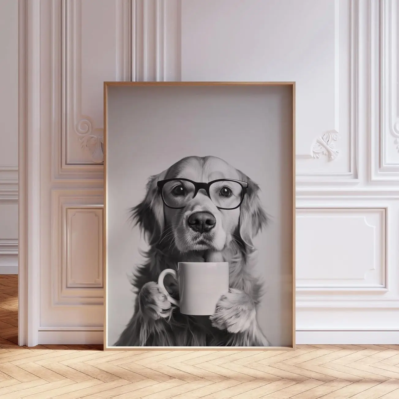 Dog with Coffee Print | Golden Retriever Dog with Coffee Poster | Funny Dog Print