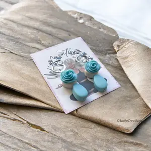 UniiqCreations Handmade Polymer Clay Bead Earrings with White Button & Blue Rose Design Unique Jewelry for Any Occasion Casual Style