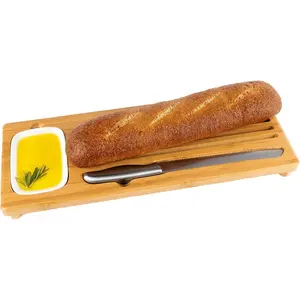 Large Bamboo Bread Board with Bread Crumb Catcher and Ceramic Dipping Dish