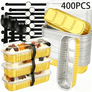 For Baking, BBQ, Parties & Daily Use, Baking Pan Packing Complete Solution, Rectangular Aluminum Foil Pan Set, Complete with Lids Spoons Stickers High Temp Resistant, Effortlessly Handle Bulk Baking & BBQ Packing, 400 Pack