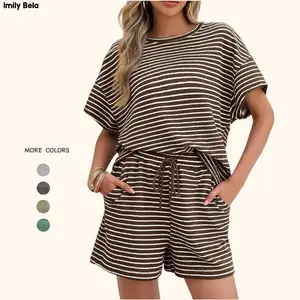 Imily Bela Womens Pajamas 2 Piece Lounge Sets Striped Short Sleeve T Shirts Drawstring Shorts Matching Set