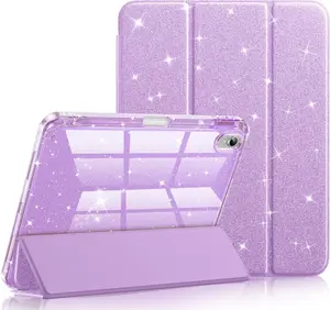 Glitter Case for iPad (A16) 11th gen 10th Generation with Pencil Holder, pu Leather Smooth Sparkly Slim Cover , protection smart Crystal Shiny Clear Back Shell, trifold Stand Protective Tablet Computer Cases, kid girl Purple