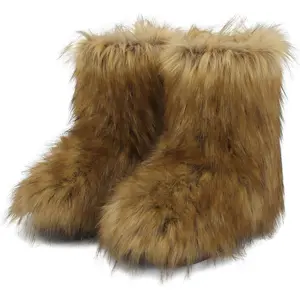 Faux Fur Boots for Women Furry Fluffy Short Snow Ankle Winter Boot Mid-Calf Fuzzy Outdoor Indoor Flat Shoes Comfortable