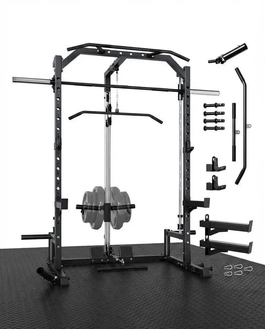 Garvee Compact Smith Machine Home Gym, All-in-1 Power Rack with LAT Pulldown Cable System, 1000LB Capacity, Squat Rack & Strength Training Station for Small Spaces