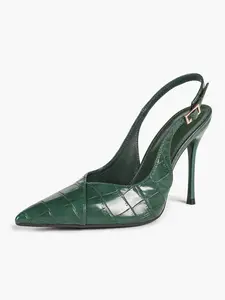 Women's Stone-Textured Patent Leather Slingback Pumps - Pointed Toe Stilettos with Square Metal Buckle, Ideal for Weddings, Parties & Daily Wear.
