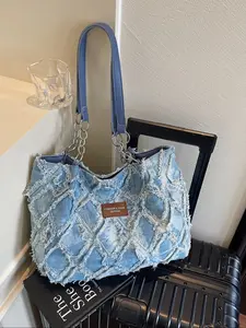 Women's Denim Checkered Large Capacity Tote Bag, Casual Versatile Shoulder Crossbody Bag, Unique Design Commuter Shopping Travel Gift