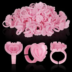 100PCS Glue Rings,Lovely Heart Shape,Lash Glue Holder Disposable Smart Lash Rings for Eyelash Extensions Blooming Volume Fanning No Spill Cups(Pink)