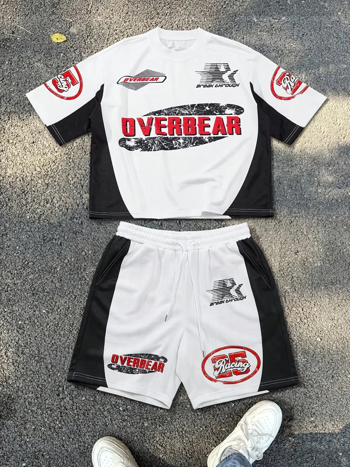 Vintage Motorsport Racing Jersey Short Set, Quick Dry Breathable Contrast Panel Tracksuit with "25 Racing" Logo, Oversized Crew Neck Casual Streetwear Outfit for Men & Women, Ideal for Daily Wear, Beach & Summer Street Style