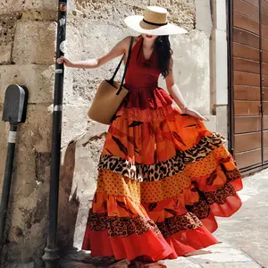Leopard Patchwork Floral Print Tiered Ruffle High Waist Maxi Skirt Minimalist French Tropical Flowy Wrinkle Resistant Lightweight Curve Friendly Women Island Beach Resort Vacation Outfit