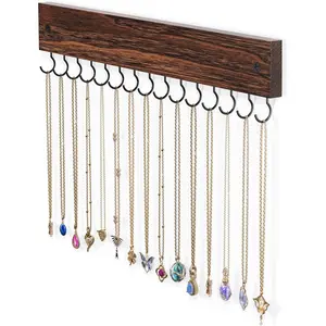 Wooden Necklace Holder for Wall with 15 Hooks, Necklaces Hanger Easy Install Wall Mount Necklace Organizer, Jewelry Hangers for Chains, Bracelets, Earrings -Brown