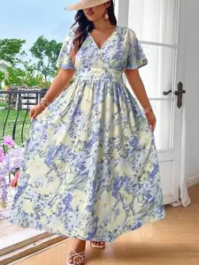 Elegant Floral Print Wrap Dress, Plus Size V Neck Ruched Waist Design, Long Sleeve Pleated Skirt, Women's Fashionable Gown