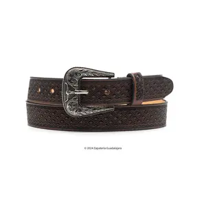 WESTERN 1.5" DIAMOND PRINT LEATHER BELT BROWN