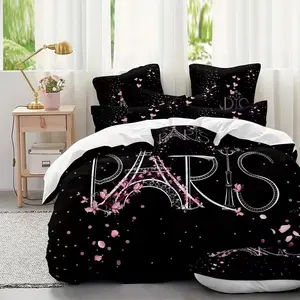 3pcs Paris Eiffel Tower Bedding Set, 1 Fitted Sheet + 2 Pillowcases, High-Quality Print, Home & Dorm Use, Easy Care, Durable Polyester