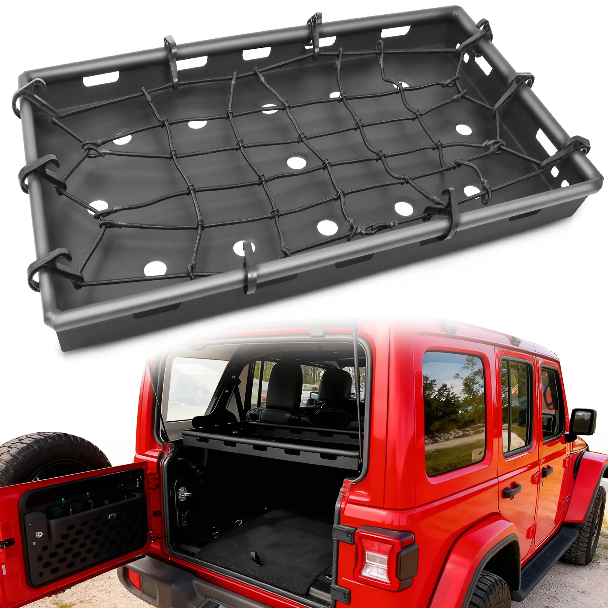 MONOKING Interior Rear Cargo Shelf for 2018-2026 Jeep Wrangler JL JLU 4 Door, No-Drill 350 lb Capacity Rack, Fits Hardtop & Sky 1-Touch Power Top, Includes Bungee Net