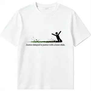 Funny "Justice Delayed is Justice with a Knee Slide" T-Shirt – Soccer Celebration Meme Tee, Sarcastic Football Humor Shirt, Heavyweight Cotton Oversized Casual Top