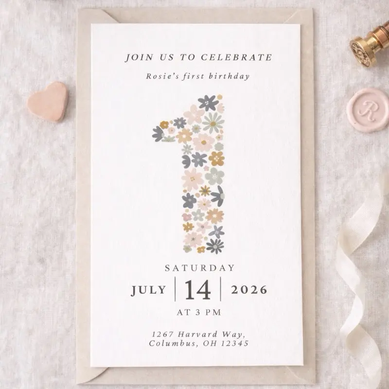 Floral First Birthday Invitation with Envelopes Wildflower ONE Party 5x7 inches Premium Cardstock Soft Neutral Design for Girl's Special Day