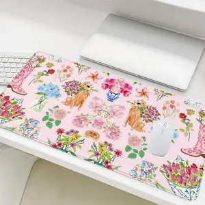 Floral & Dog Pattern Mouse Pad, Rectangle Gaming Mouse Pad, Office Desk Keyboard Mat for Home Office Game Room Desk