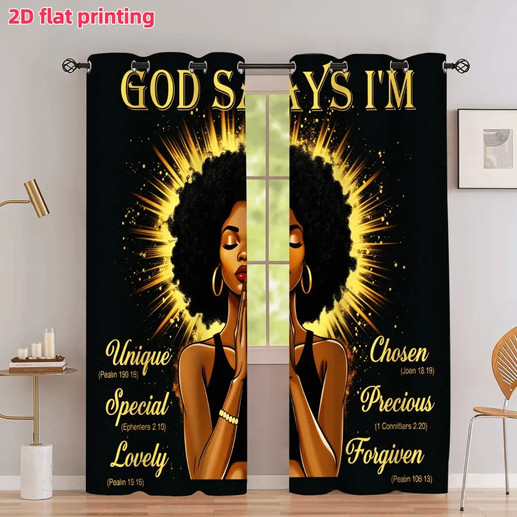 2D Flat 2Pcs God Says I'm Special Precious Chosen Afro Queen Pattern Curtains, Curtain For Windows, Religious Spiritual Faith Theme Black Woman Gold Rays Decor, Grommet Design Semi Sunshade, For Home Living Room Bedroom Balcony Kitchen