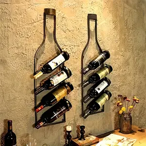 Vintage Bronze Iron Wall-Mounted Wine Rack, Capacity for 4 Bottles, Rustic Home Bar Decoration and Storage Box with Golden Accents, Fashionable Bottle Holder for Kitchen or Restaurant, Floating Shelf, Floating Shelves