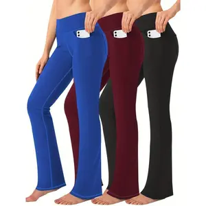 Women's Plus Size High-Waisted Stretch Yoga Flare Pants with Side Pockets - 3pcs, Purple, Navy Blue, Black, Casual & Comfortable Bell Bottoms for All-Day Wear