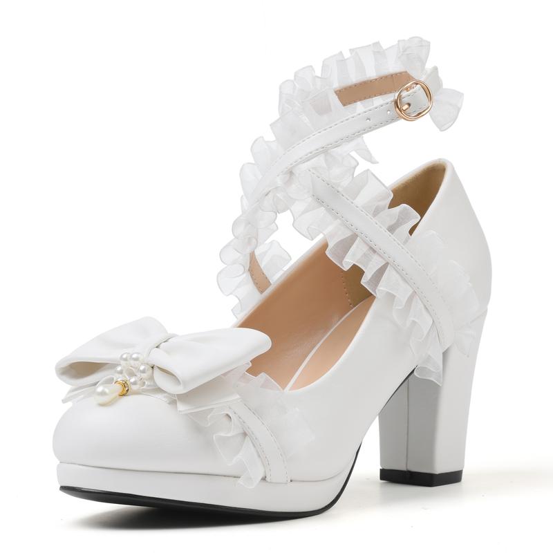 Womens Platform Mary Jane Pumps Round Toe Chunky Block Heels Ruffle Lace Cross Adjustable Ankle Buckle Strap Pearl Bow Knot Gifts for Women Party Cosplay Cute Valentine Lolita Shoes