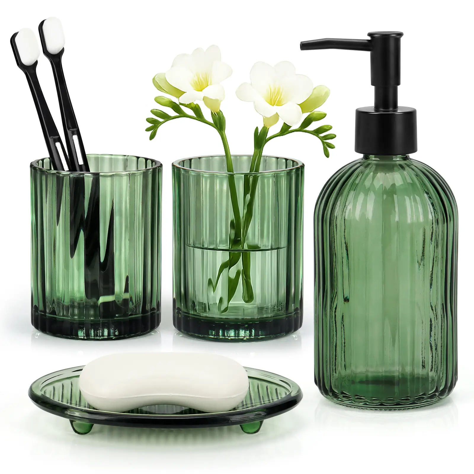 Bathroom Accessories Set, 4Pack Glass Bathroom Accessories Sets Complete Lotion Soap Dispenser, Toothbrush Holder, Mouthwash Cup, Soap Dish for Bathroom Decor, Countertop Organizer (Green)